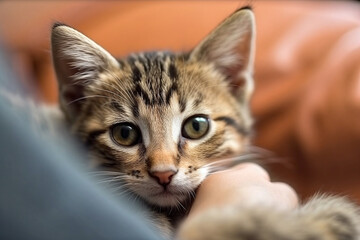 Close up of cute kitten on a lap Generative AI