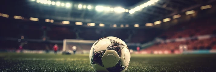 Fotobehang Fussball auf dem Fussballrasen in einem Stadion bei Flutlicht in der Nacht, Hintergrund Banner mit Textfreiraum © Stephan