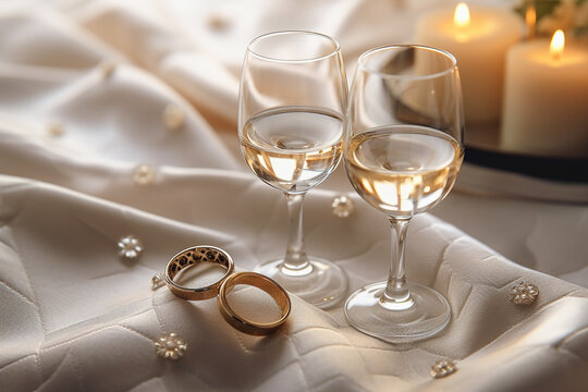 Wedding rings and champagne glasses on white linen. Generative AI image.