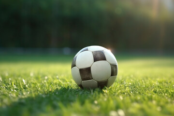 Fototapeta premium Fussball auf dem Fussballrasen im freien, Hintergrund Banner mit Textfreiraum