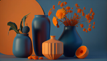 Orange and blue background. Pottery vases, flowers still life. Minimalist color block interior Ai generated image