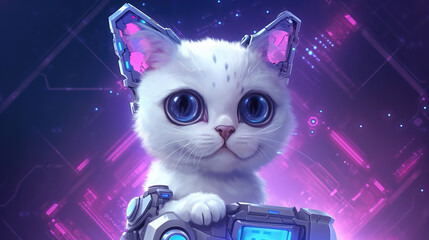 a cute smiling cyberpunk inspired cat, wallpaper style, ai generated image