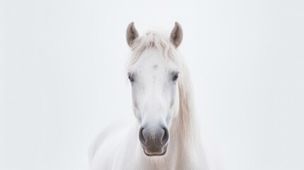 Fototapeta na wymiar Majestic wild horse surrounded by fog in winter. Minimalistic, subtle style. White background.