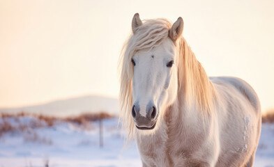 Obraz premium Majestic wild white horse against a scenic landscape in winter. 
