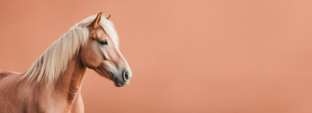 Majestic wild horse against a solid brown background.  Minimalistic, subtle style. Banner with copy space.