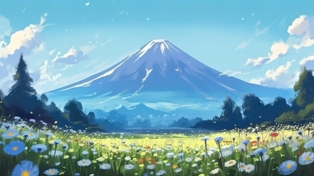 the mountain fuji in a peaceful anime wallpaper, viewing from the bottom of a field full of flowers, ai generated image