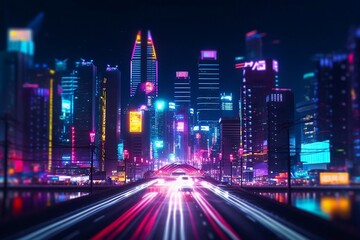 Futuristic city with lots of neon lights and advertisements on the buildings, night view. Nightlife in a big city. Generative AI.