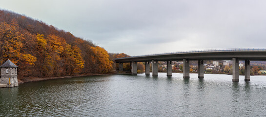 Panoramic view of the bridge over the Seilersee lake in Iserlohn, Germany