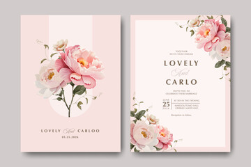 Fototapeta Beautiful wedding invitation card with bouquet peonies flowers obraz
