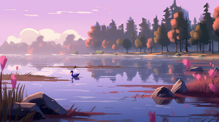 a beautiful asian inspired landscape at the lake with animals, ai generated image
