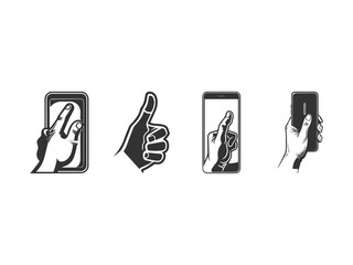 Hand holding smartphone icon. Simple outline style. Hold mobile phone with white screen. Thin line vector illustration isolated on white background