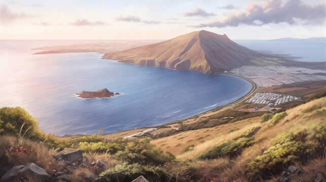 a wonderful amazing landscape illustration of a beach, aerial anime illustration, ai generated image