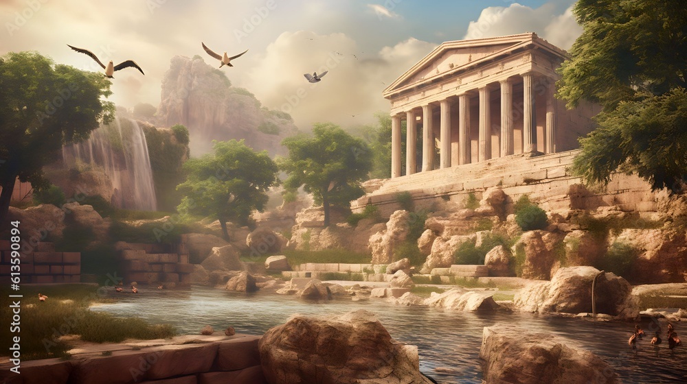 Wall mural landscape ancient greek ruins and waterfalls, Generative AI