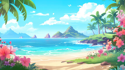 Obraz na płótnie Canvas a colorful beautiful untouched place at a hawaiian beach, anime manga artwork, ai generated image