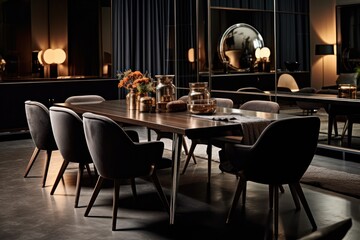 Obraz na płótnie Canvas Dining room details. 3d render of luxurious dining room table with chairs and wooden details