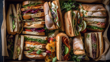 A tray of assorted sandwiches, including classics like club, BLT, and veggie, arranged for a picnic or party