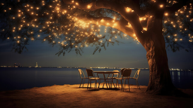 a beautiful place in the night under a tree, lamps shining, ai generated image