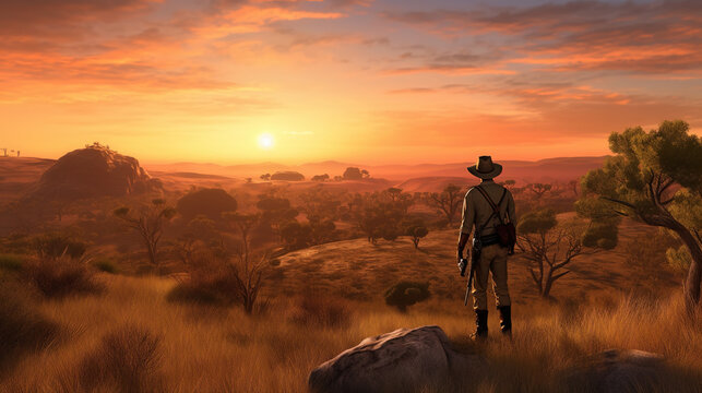 a wild west landscape artwork of a cowboy watching the sunset, ai generated image