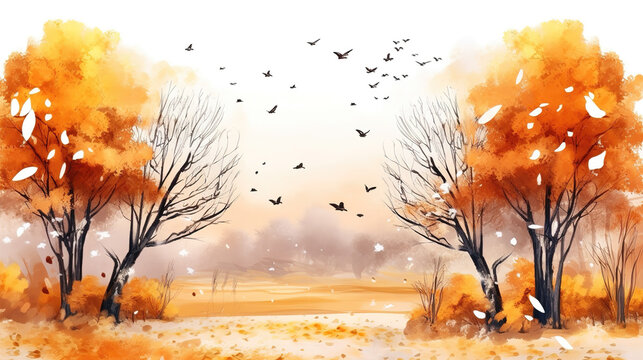 a beautiful watercolor inspired autumn scenery with birds, ai generated image