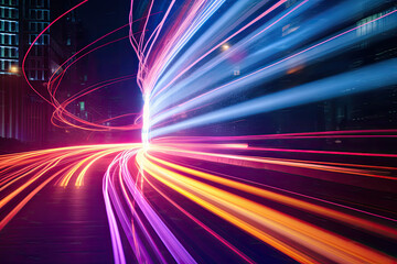 abstract long exposure dynamic speed light trails in an urban environment. Generative ai 