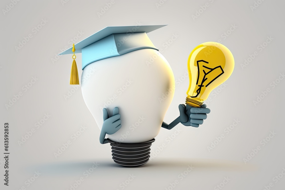 Poster light bulb character with graduation cap and lightbulb on gray background
