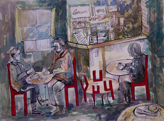 Meeting.Evening in a cafe.Painted with paints