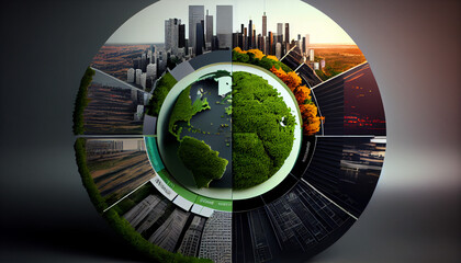 Pie chart with city and lush greenery environmental sustainability climate change, global warming concept Ai generated image