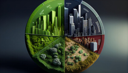 Pie chart with city and lush greenery environmental sustainability climate change, global warming concept Ai generated image - obrazy, fototapety, plakaty