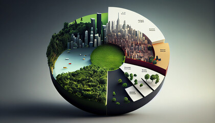 Pie chart with city and lush greenery environmental sustainability climate change, global warming concept Ai generated image - obrazy, fototapety, plakaty