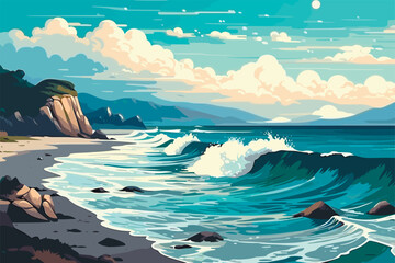 beach coast with mountains and sea, vector illustration - obrazy, fototapety, plakaty