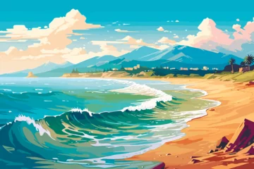 Fototapete Rund beach coast with mountains and sea, vector illustration © vvalentine