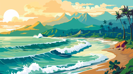 beach coast with mountains and sea, vector illustration © vvalentine