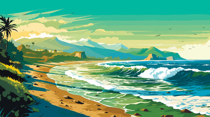 beach coast with mountains and sea, vector illustration © vvalentine