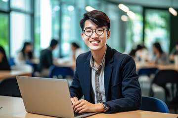 Fototapeta premium Young smiling Asian business man employee or student working on laptop in corporate office. Marketing manager using computer technology. Generative Ai content.