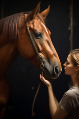 Portrait of a beautiful young woman with a horse in the stable. Generative AI.