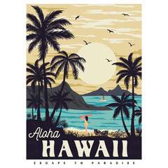 Aloha Hawaii Escape to Paradise Summer t shirt. surfer girls on the beach. Vector illustration. © NazninSultana