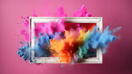 Fototapeta na wymiar Product display frame with colorful powder paint explosion. Generative ai 