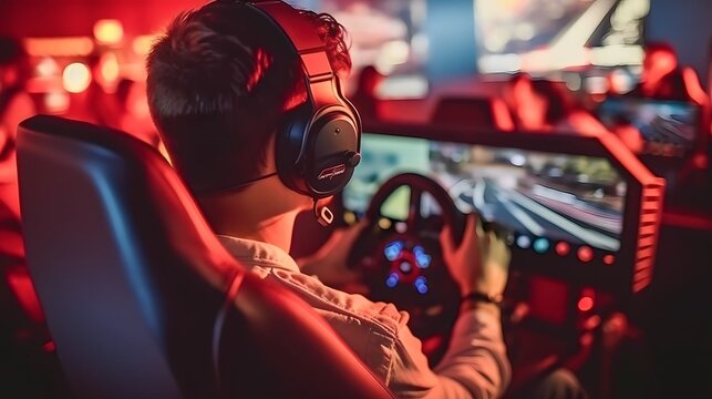 professional gamers playing online car racing esport simulator with steering wheel competition, Generative AI