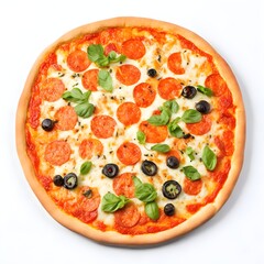 Tasty top view pizza italian traditional round pizza. White background. AI Generative