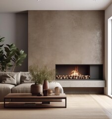 sleek, contemporary living room, couch, pillows and accent wall with fireplace and natural plants