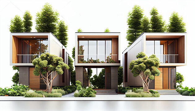 Row of modern, luxurious townhomes with wood and glass design elements surrounded by greenery, isolated on a white background Ai generated image