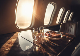 A lavish in-flight meal served with a chilled bottle of champagne on a high-end airplane. The warm sunlight streams through the window, casting a beautiful, generative ai.