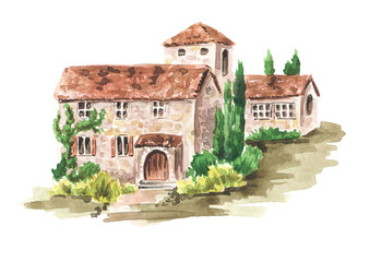 Obraz premium Tuscan Chateau. Hand drawn watercolor illustration isolated on white background
