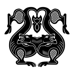 Battling Wolves Silhouette. Ancient Sign, Badge. Vector clipart isolated on white.