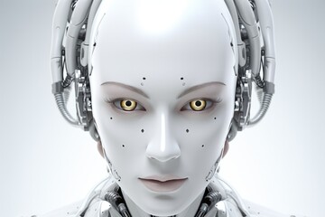 Portrait of an anthropomorphic female robot on a white background, close-up. Generated by AI.