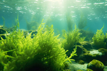 Seabed Filled With Algae With Light Leaking From The Surface Created With Artificial Intelligence