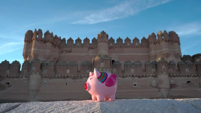 Hand of a man throwing coins into a unicorn piggy bank with a European medieval castle in the background as a concept of security and growth of saving money and economy.