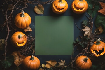 Halloween mock up. Square green empty sheet, pumpkins, fall leaves, dry twigs as frame around it.