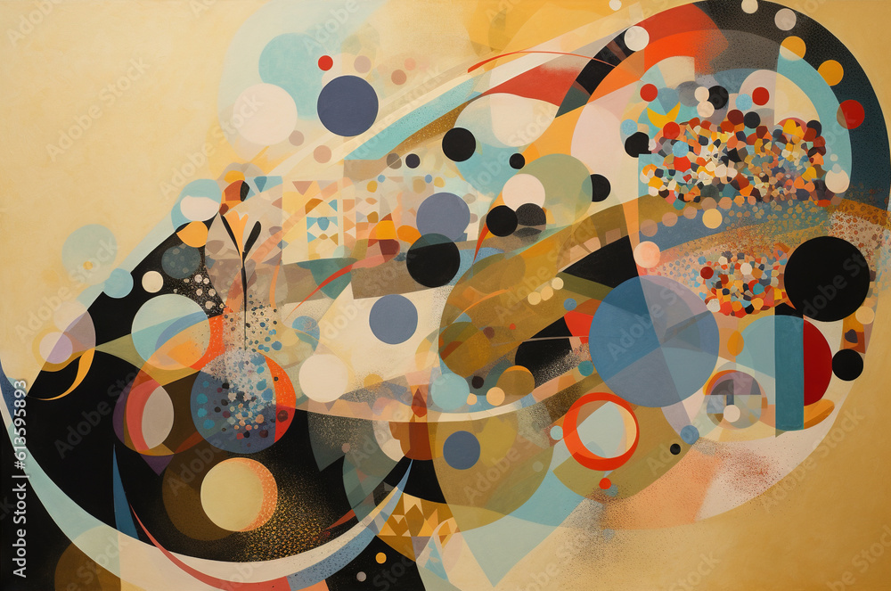 Poster Abstract background in the style of expressionism, modern and Bauhaus. Artistic abstraction with colorful circles and lines. Generative AI.