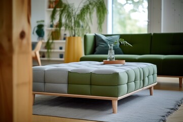 Details of modern cushioned furniture, poufs and arm chair. Custom furniture details with green details